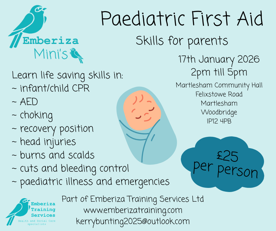 Flyer for pediatric first aid skills for parents event on January 17, 2026, from 2pm to 5pm at Martlesham Community Hall, featuring a cartoon baby in a blue blanket. Topics include CPR, AED, choking, recovery position, head injuries, burns, bleeding, and emergencies. Cost is 25 pounds per person. Organized by Emberiza Training Services. Contact email: kerrybunting2025@outlook.com.