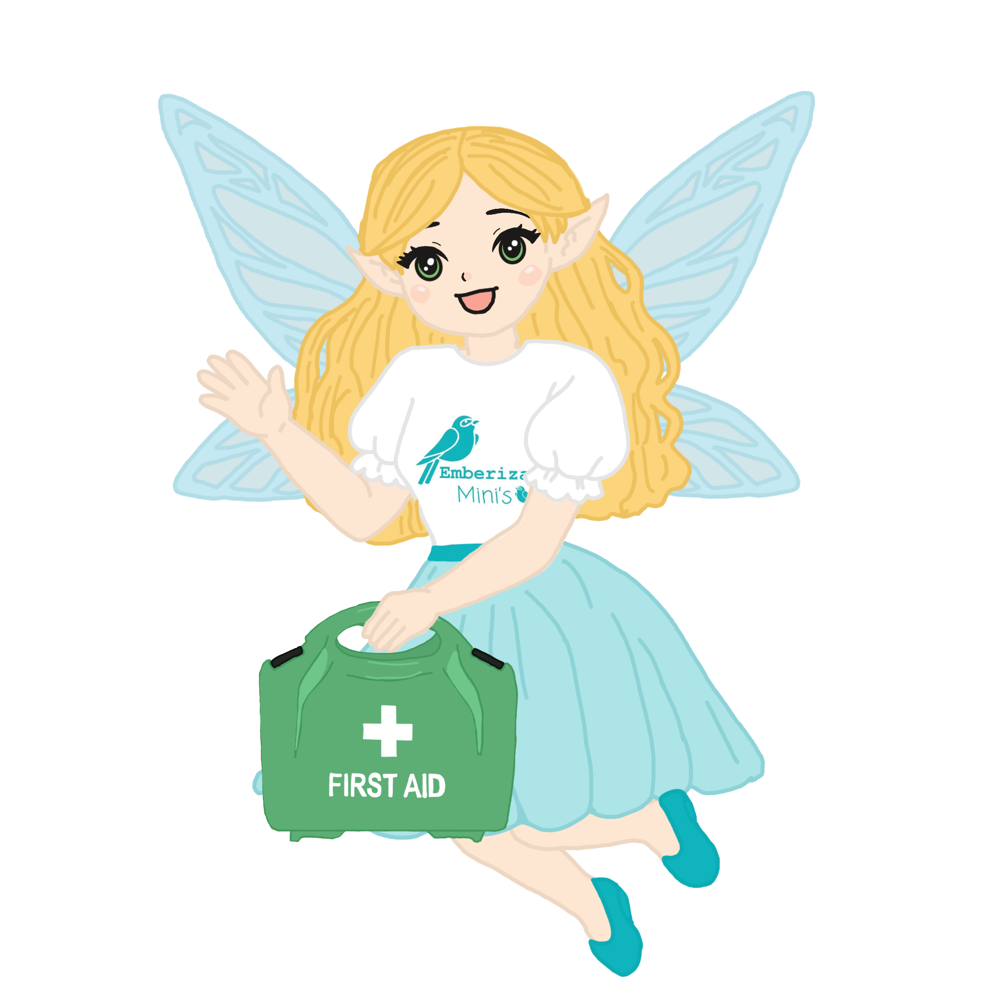A cartoon fairy with blonde hair, blue wings, and a blue skirt, holding a green first aid kit labeled 'FIRST AID' with a white cross, and wearing a white t-shirt with a blue bird logo and the words 'Emberiza Mini's'.