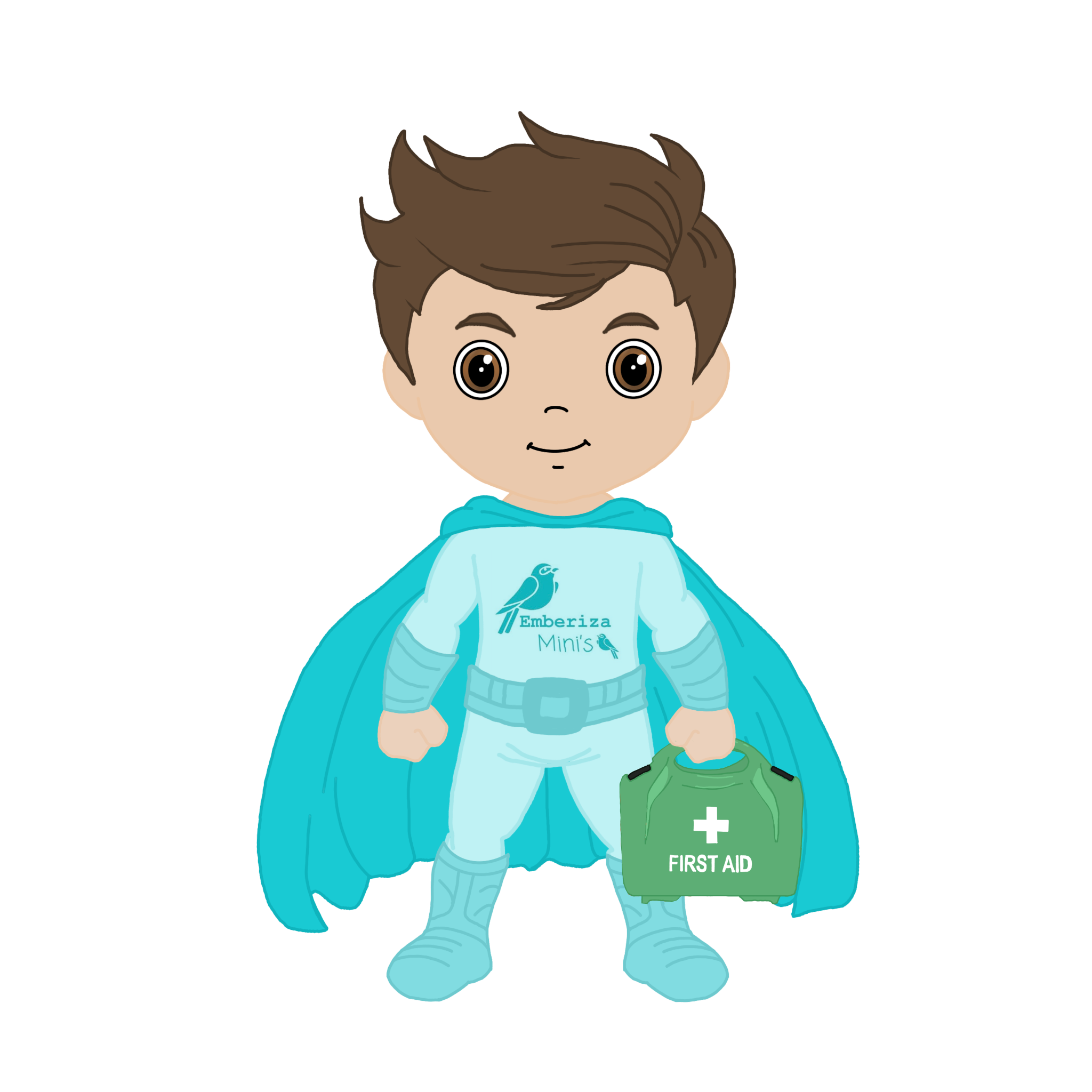 Cartoon boy dressed as a superhero with a cape, holding a first aid kit, standing in front of a blue background.