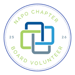 Circular logo for NAPO Chapter Board Volunteer, featuring overlapping green and blue squares and the text around the circle.
