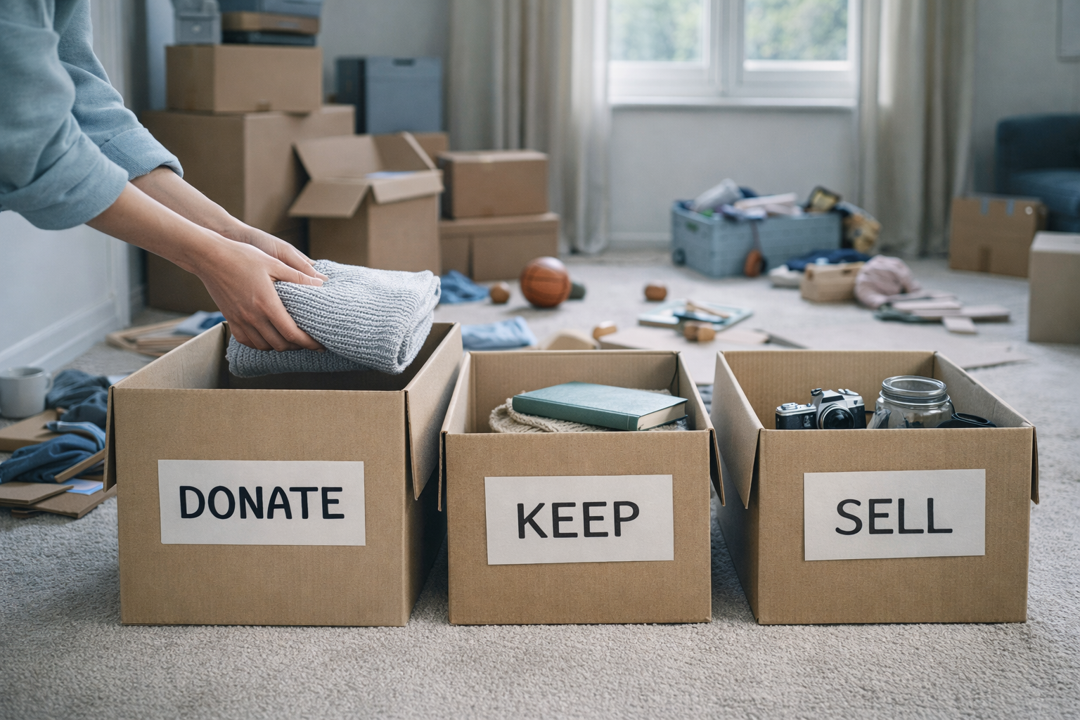 Person packing clothes into boxes labeled 'DONATE', 'KEEP', and 'SELL' in a cluttered room.