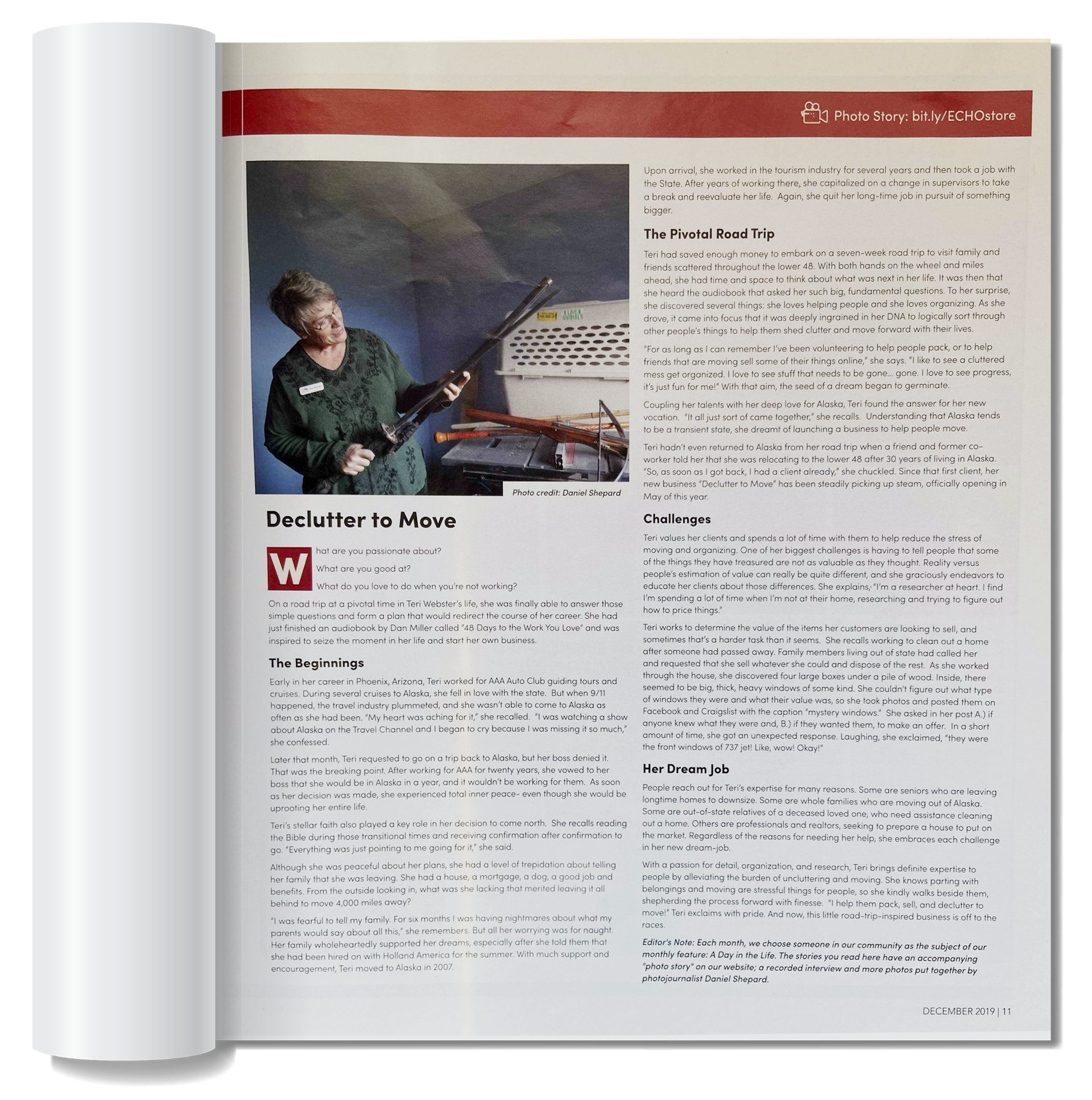 Magazine page featuring an article titled 'Declutter to Move' with a photo of a woman holding a long object, standing in a room with various storage bins. The article discusses her life, career, and the challenges of moving. The layout includes bold subheadings, a red header, and small print text.