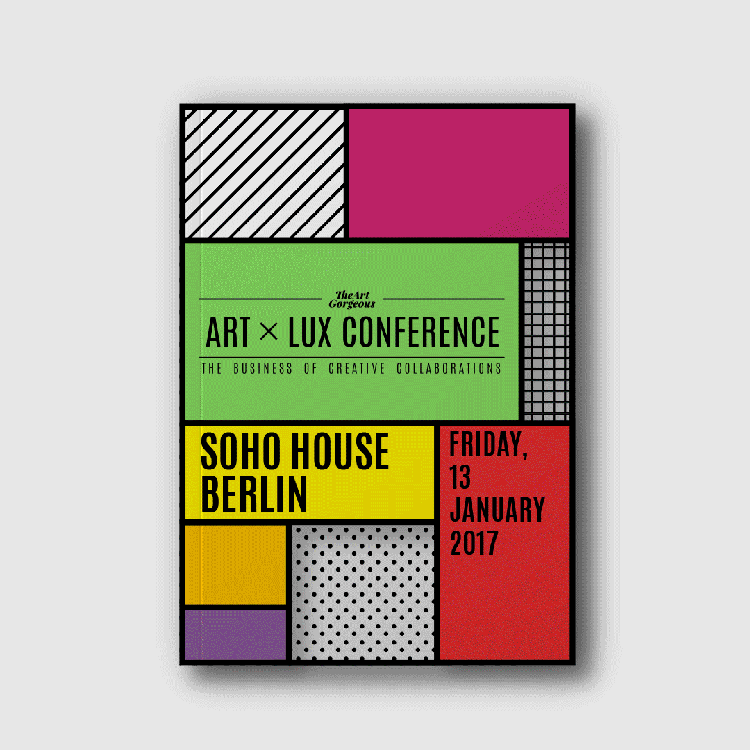 An abstract event poster featuring various colored geometric blocks with text about an art conference in Berlin on January 13, 2017.