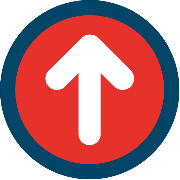 Symbole de direction vers le haut, flèche blanche dans un cercle rouge bordé de bleu.