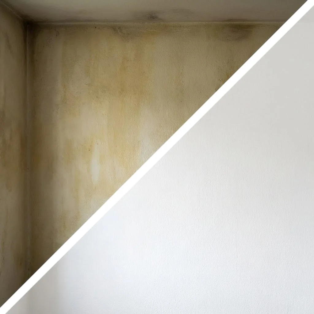 Yellow, sticky nicotine and heavy smoke wall staining before, stainless clean wall after