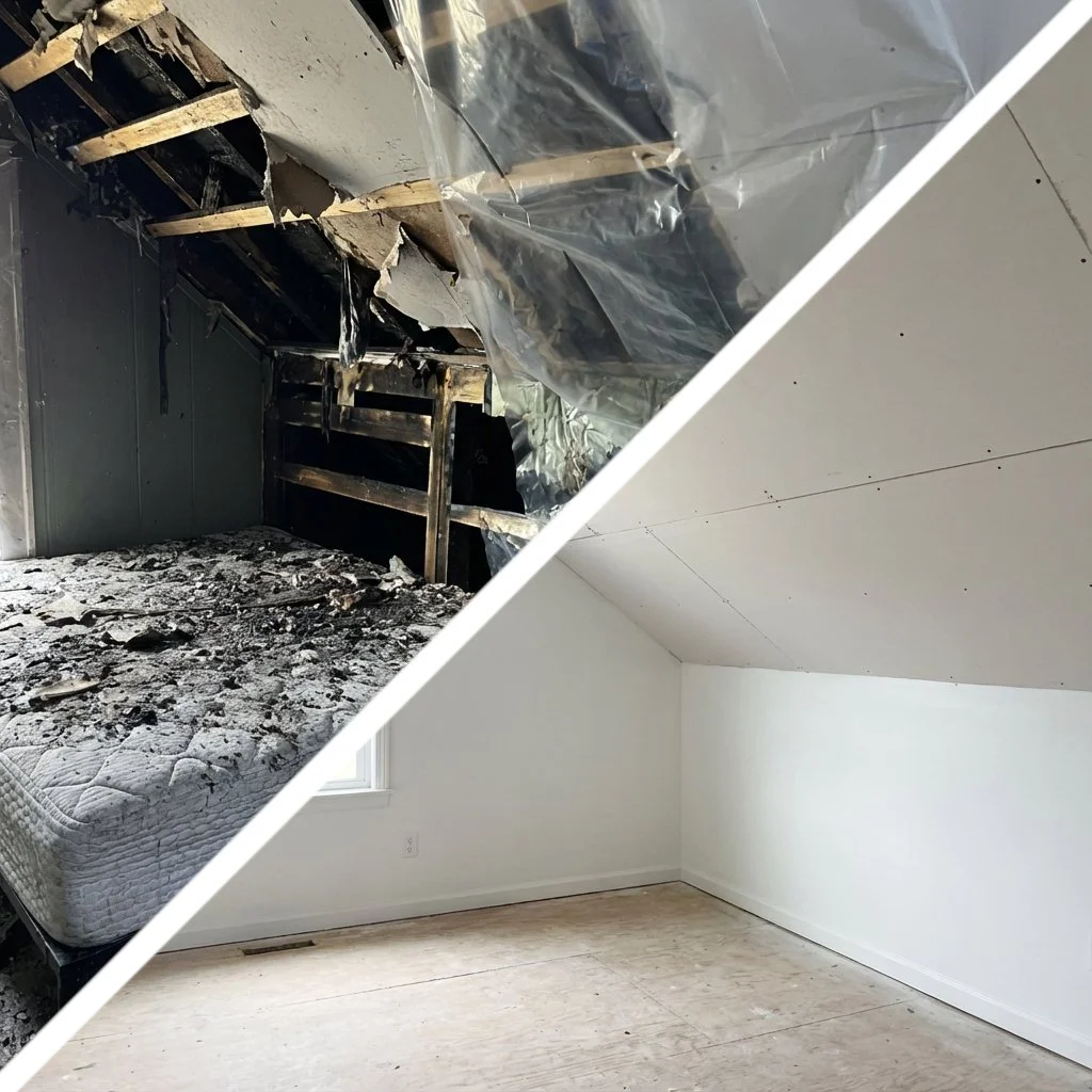 Before-and-after of water damaged and mold cleanup by Penobscot Cleaning Services in Mount Desert Island, ME, showing mold and rot in ceiling of bedroom before and a clean disinfected area after