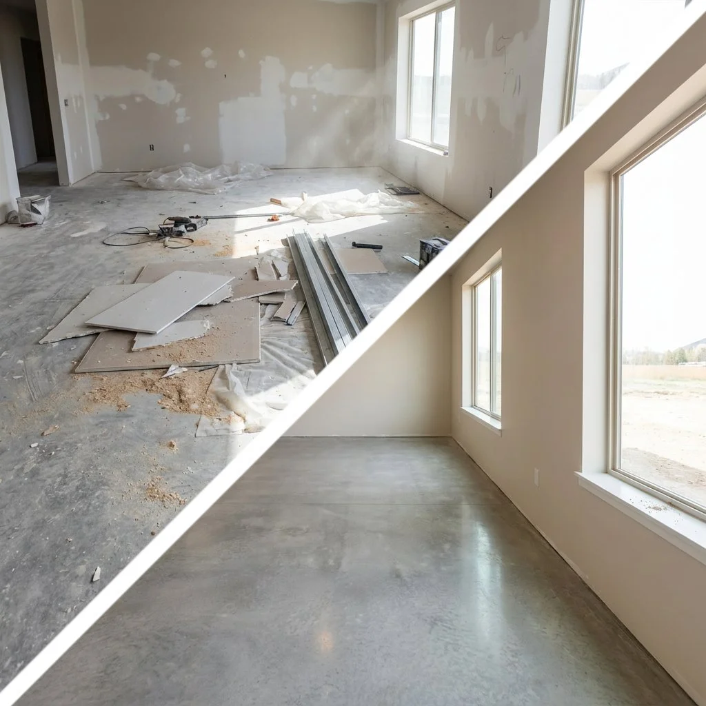 Before-and-after post construction cleanup by Penobscot Cleaning Services in Bar Harbor, ME, showing telltale signs of construction mess before and a spotless area after