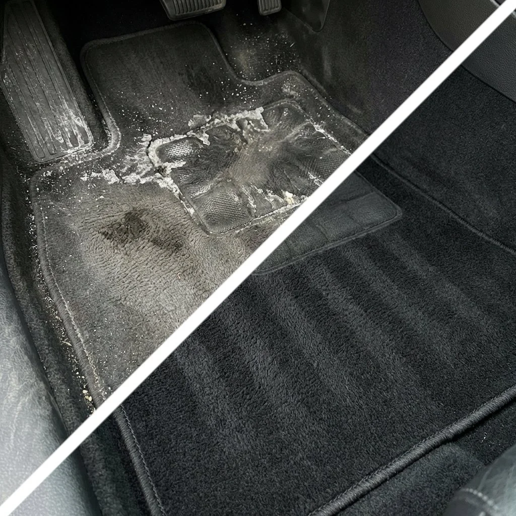 Heavily soiled vehicle interior before cleaning, refreshed vehicle mat after professional extraction