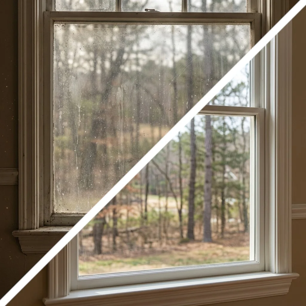 A comparison of a dirty, dusty window on the left side with a clean, clear window on the right side showing a view of trees outside.