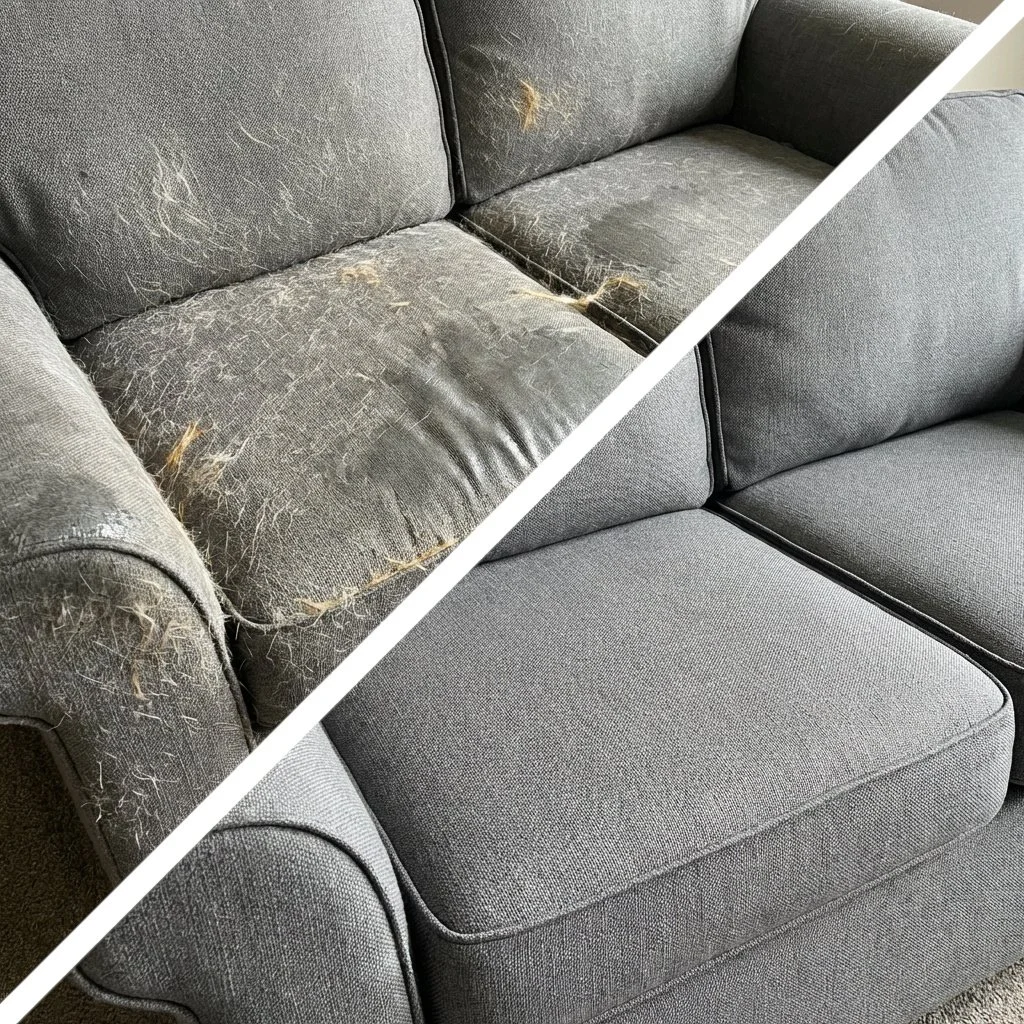 Strong pet urine odor in carpet before treatment, fresh neutralized indoor space after professional cleaning