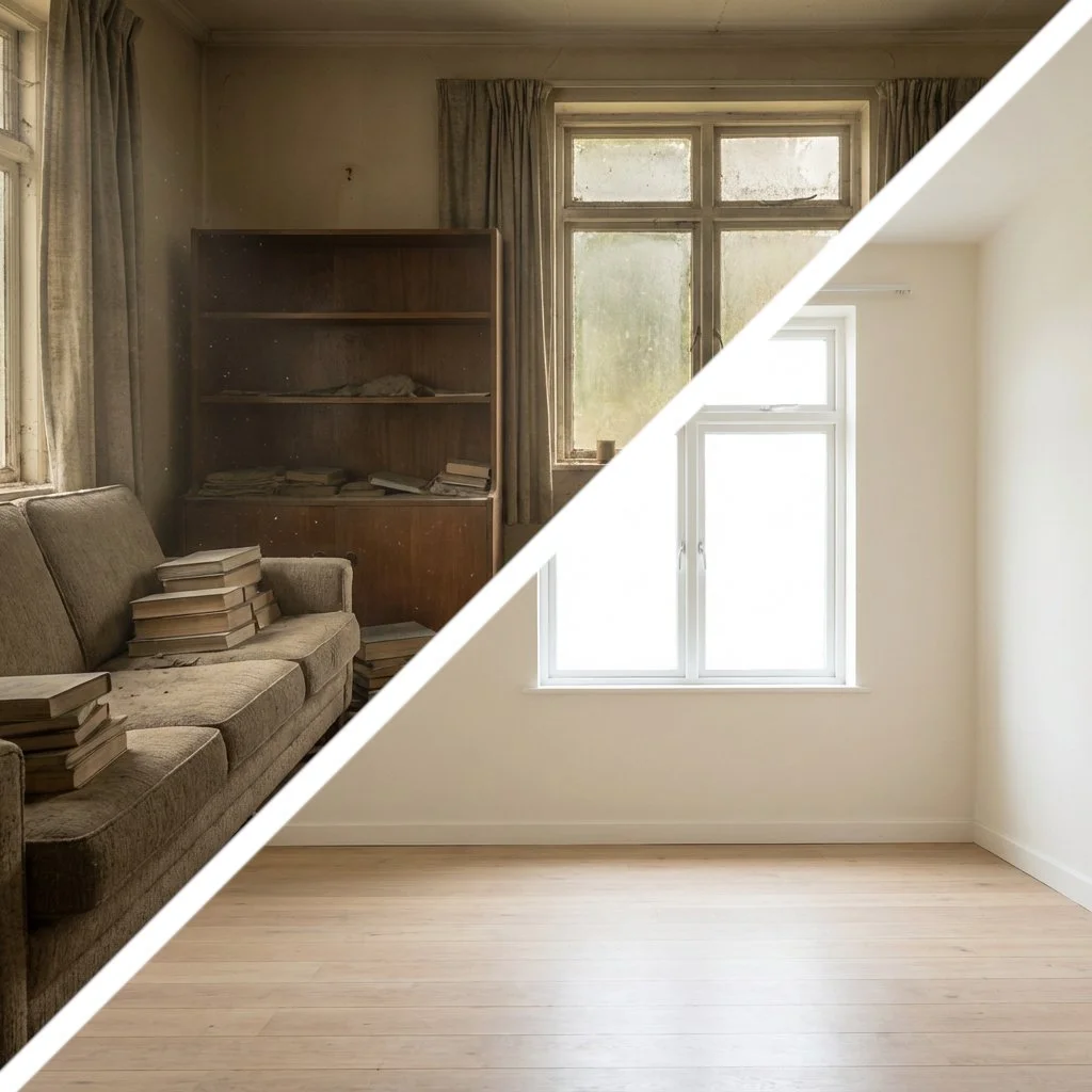 Before-and-after of smoke cleanup by Penobscot Cleaning Services in Orrington, ME, showing smoke in the air and furniture/upholstery staining before and clean space after