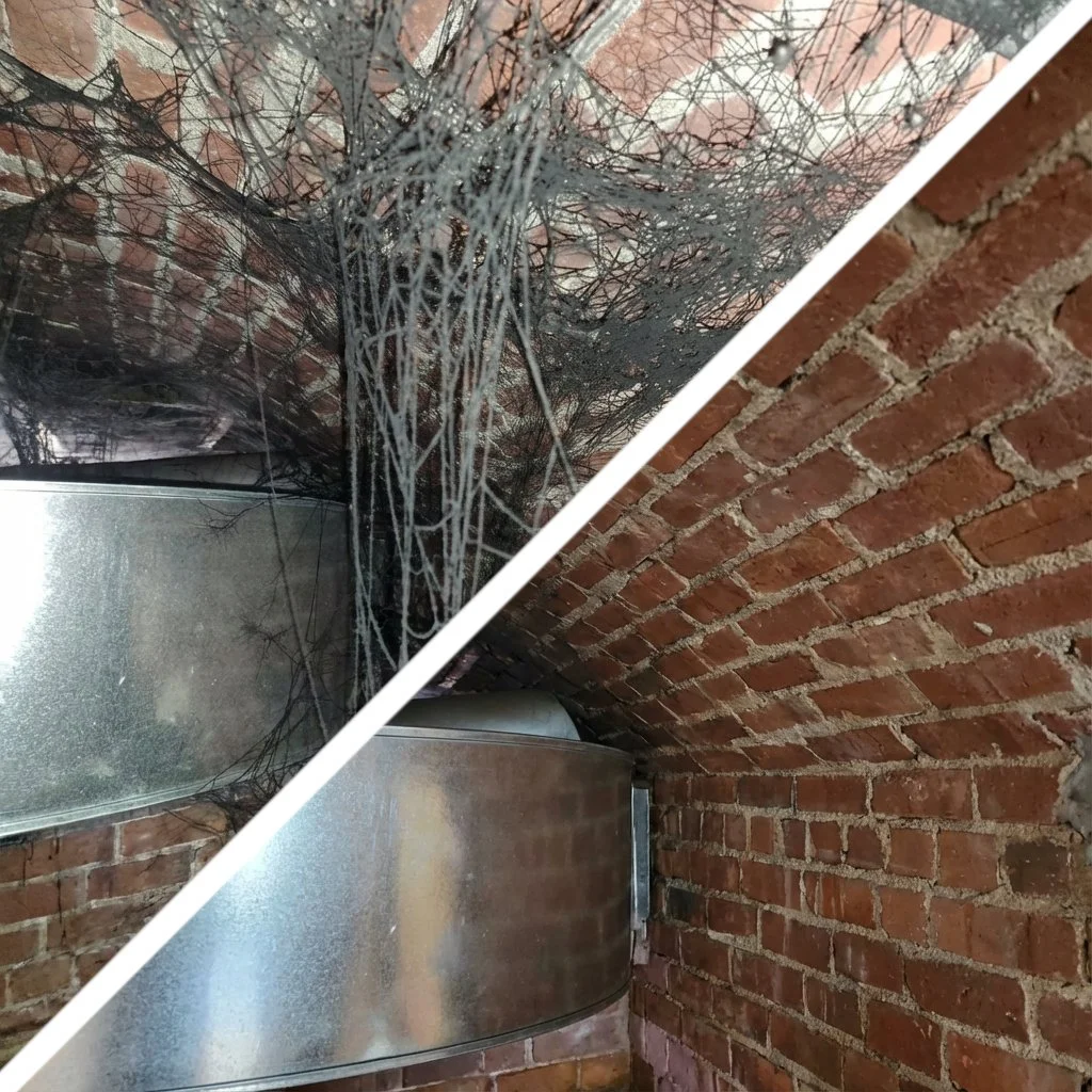 Before-and-after of ash and soot cleanup by Penobscot Cleaning Services in Holden, ME, showing soot and ash hanging from cobwebs before and thoroughly cleaned brick walls after