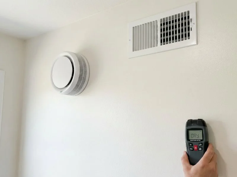 A person holding a moisture meter towards a wall with a vent and a smoke detector.