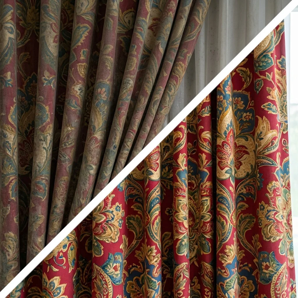 Filthy, dusty, dirty curtain before, cleaned, steamed curtain after