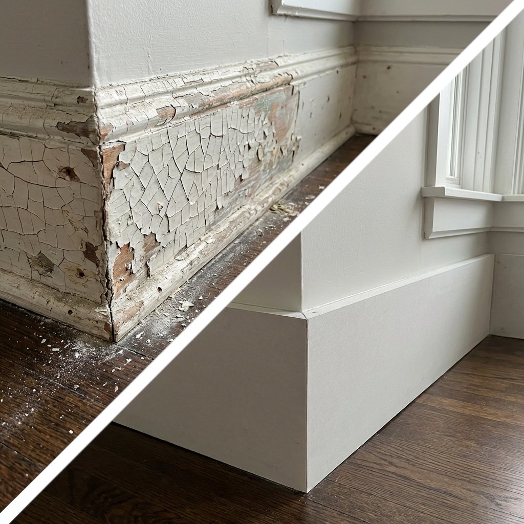 baseboard with crumbling, cracking lead-based paint before, cleaned, sanitized repainted baseboard after