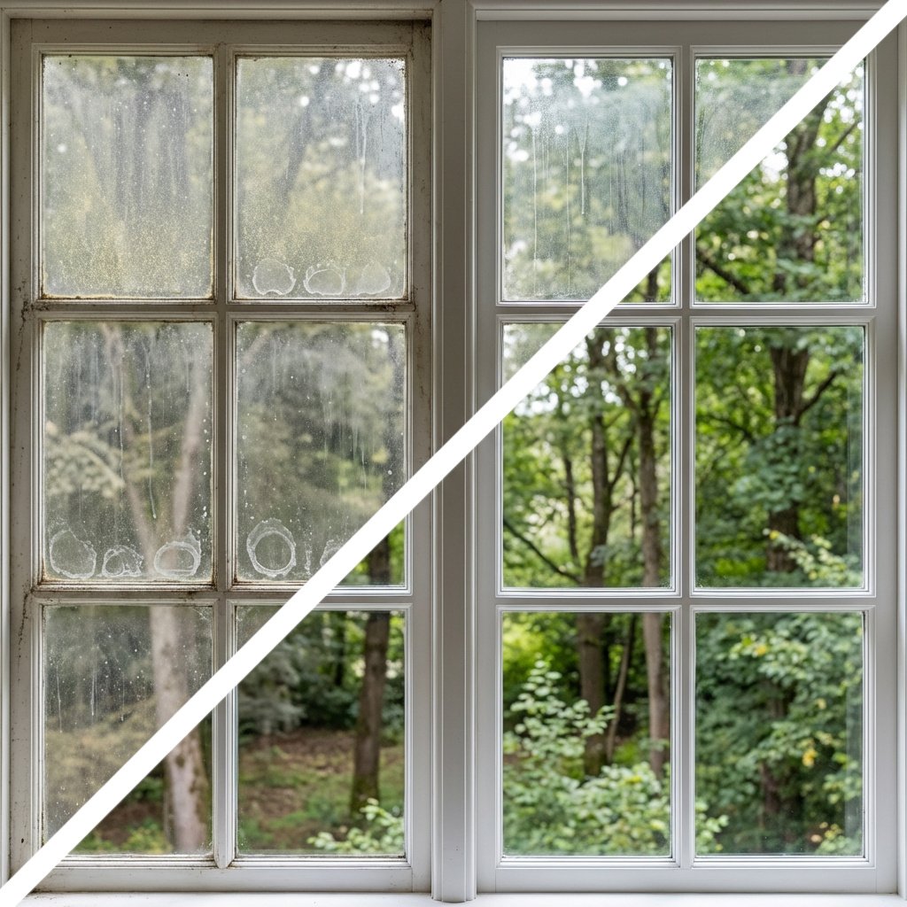 Spotted, dirty exterior window glass before cleaning, clear streak-free window after professional washing