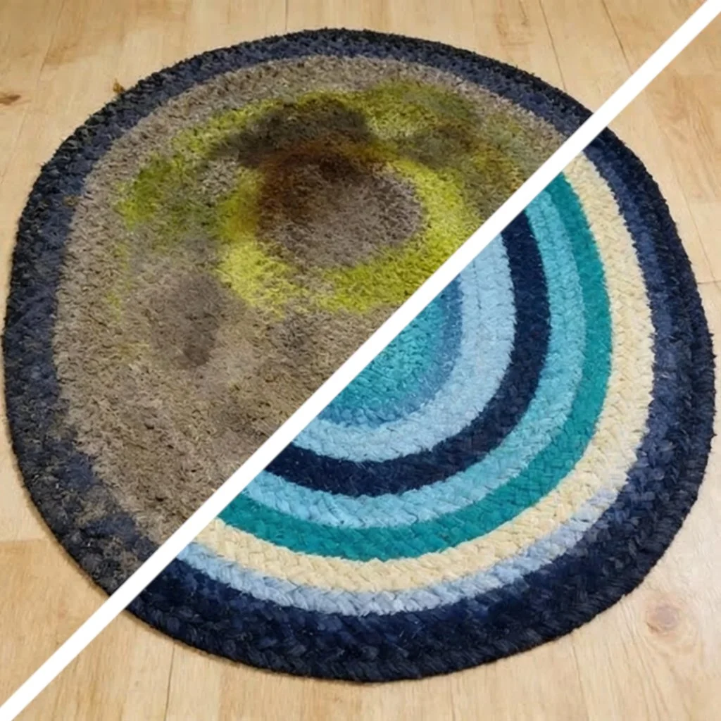 Before-and-after of carpet cleaning by Penobscot Cleaning Services in Bangor, ME, showing deep stain removal and restored appearance.