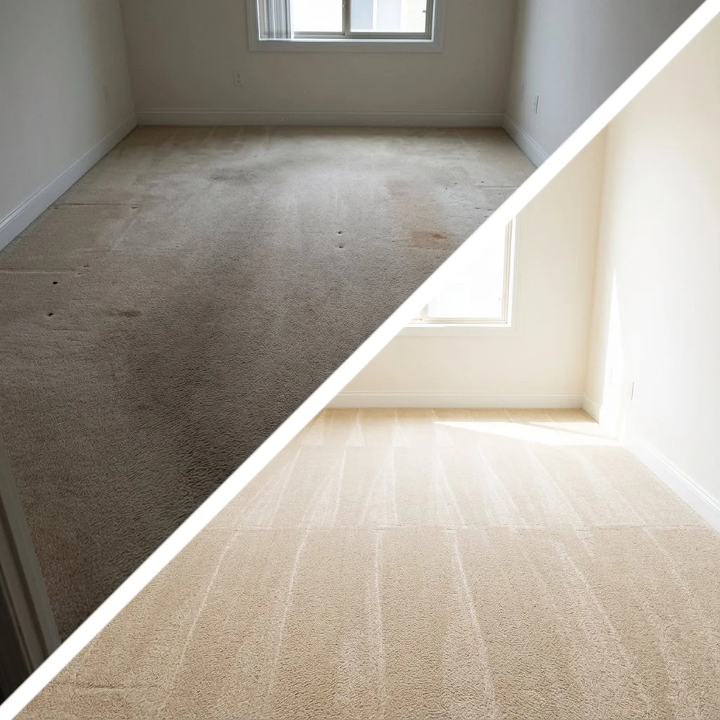 A room with a window, showing before and after images of the carpet cleaning. The top half displays a dirty, stained carpet, while the bottom half shows a clean, freshly vacuumed carpet.