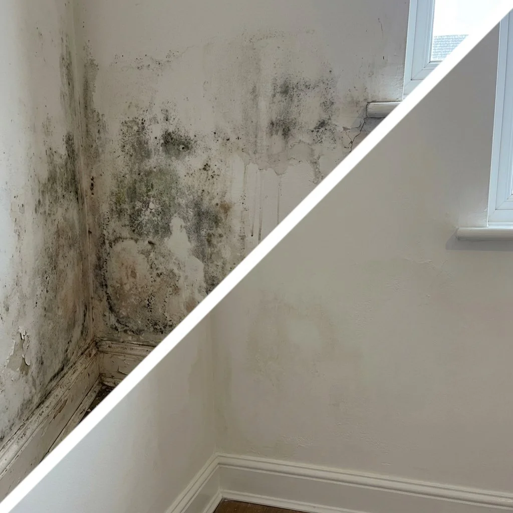 Before-and-after mold remediation by Penobscot Cleaning Services in Searsport, ME, showing dangerous black mold before and a clean disinfected wall after