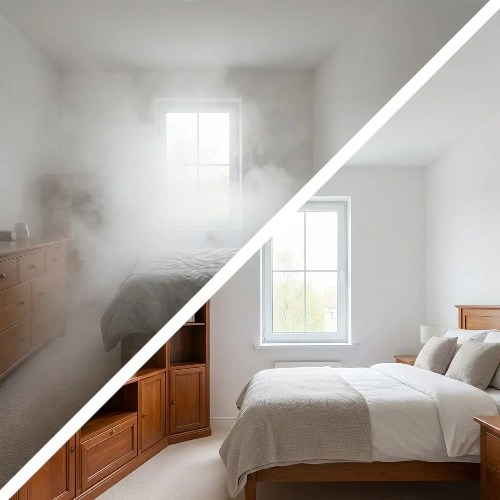 thermo fogging a room to kill germs and bacteria before, clean sanitized room after