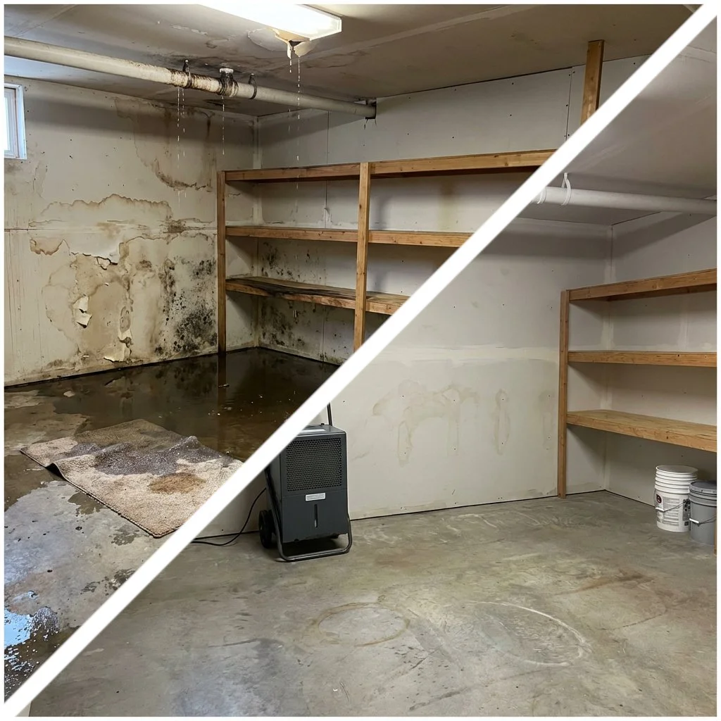 Before-and-after of water damaged cleanup by Penobscot Cleaning Services in Orrington, ME, showing mold and peeling sheetrock wall in basement before and a clean and dry area after