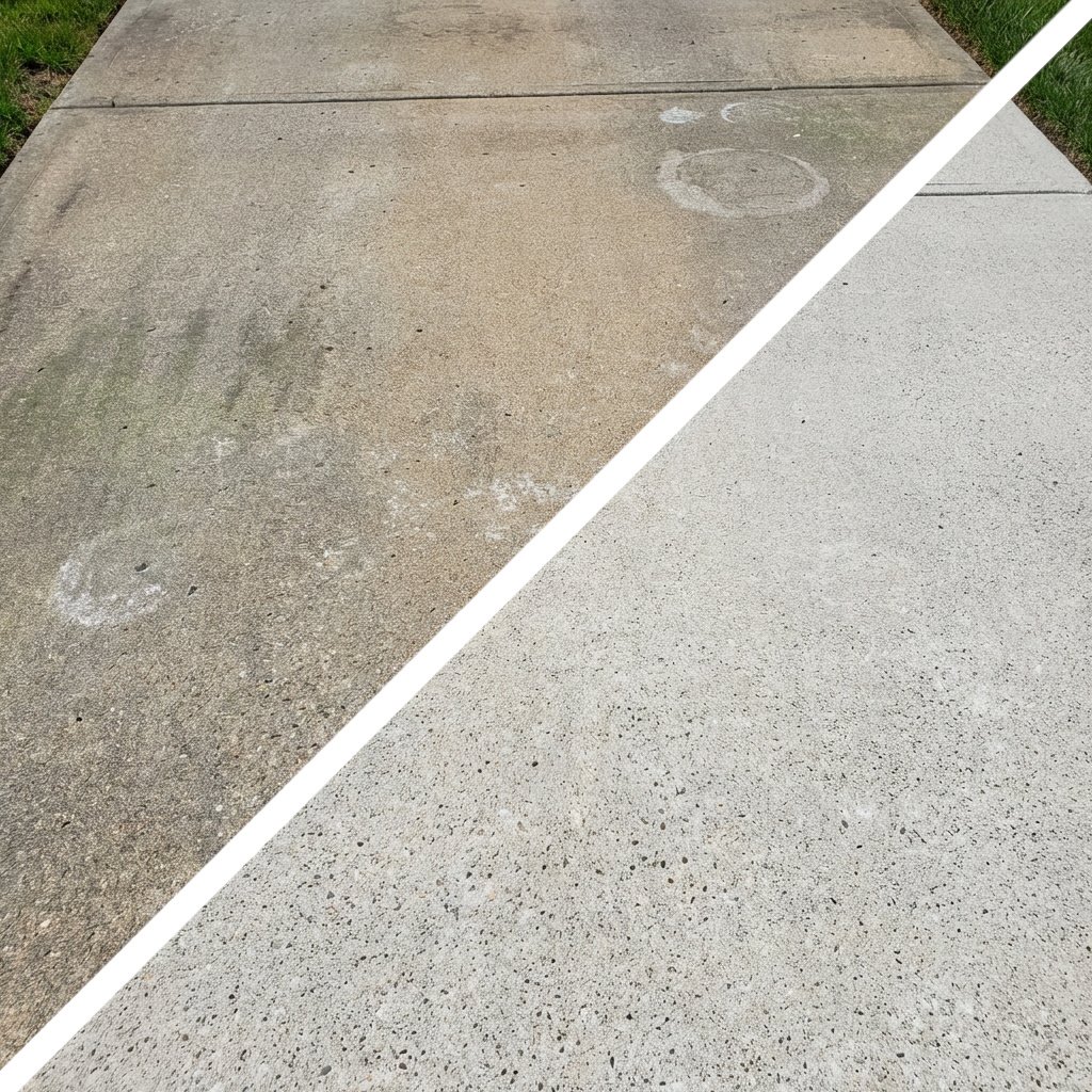 cement walkway dirty with grime and sap before, cleaned walkway that looks like new after