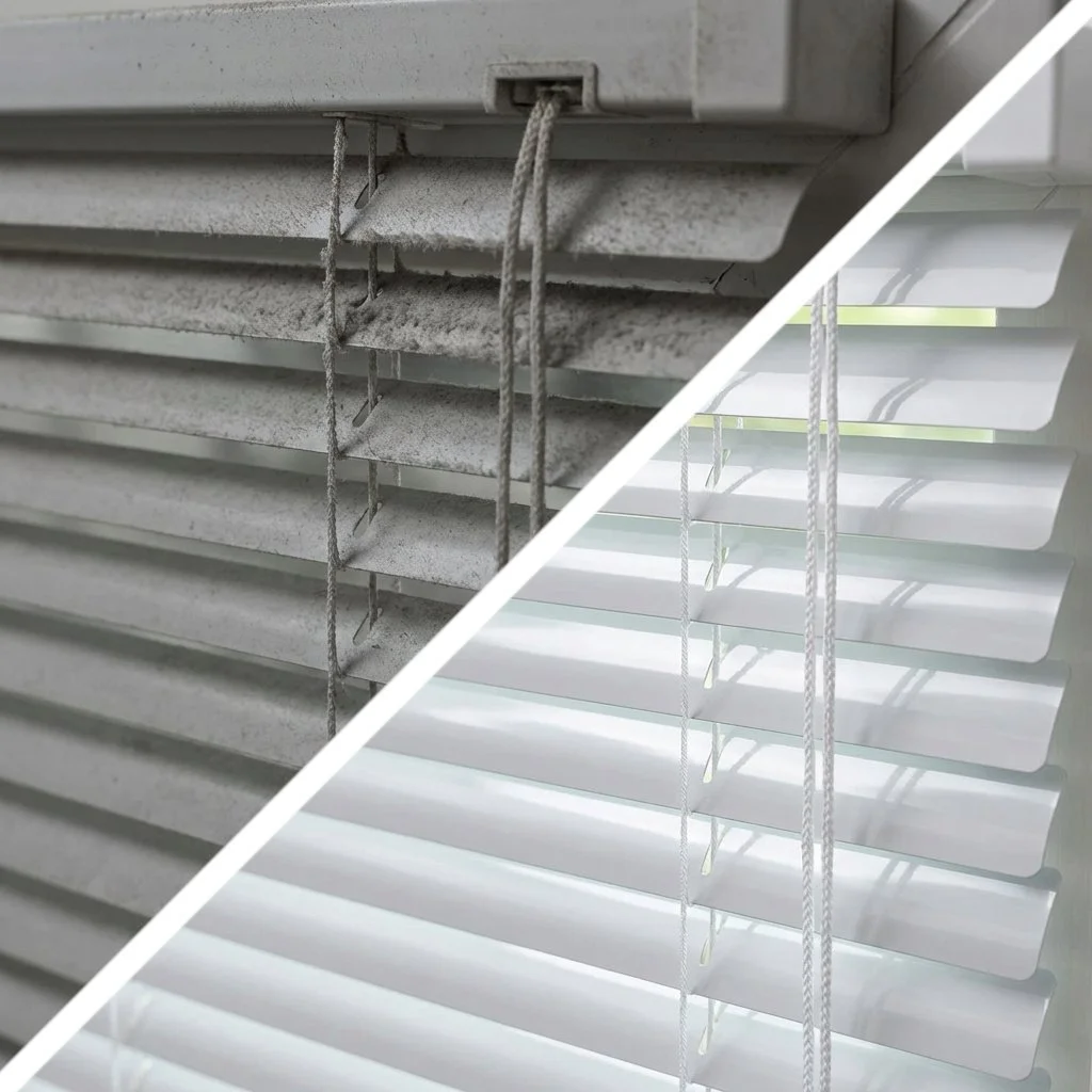 Heavily soiled blind components before ultrasonic cleaning, bright restored hardware after ultrasonic process