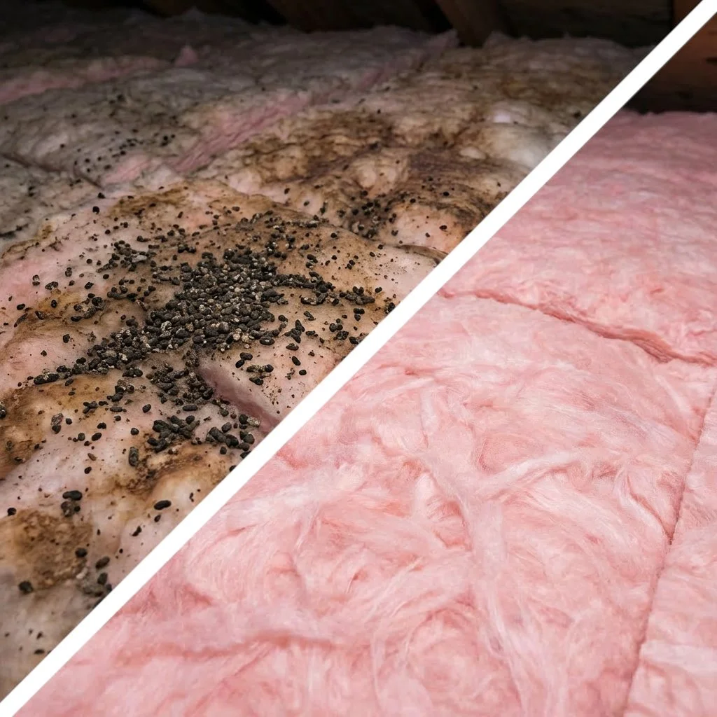 Rodent urine and droppings in attic before newly installed insulation after