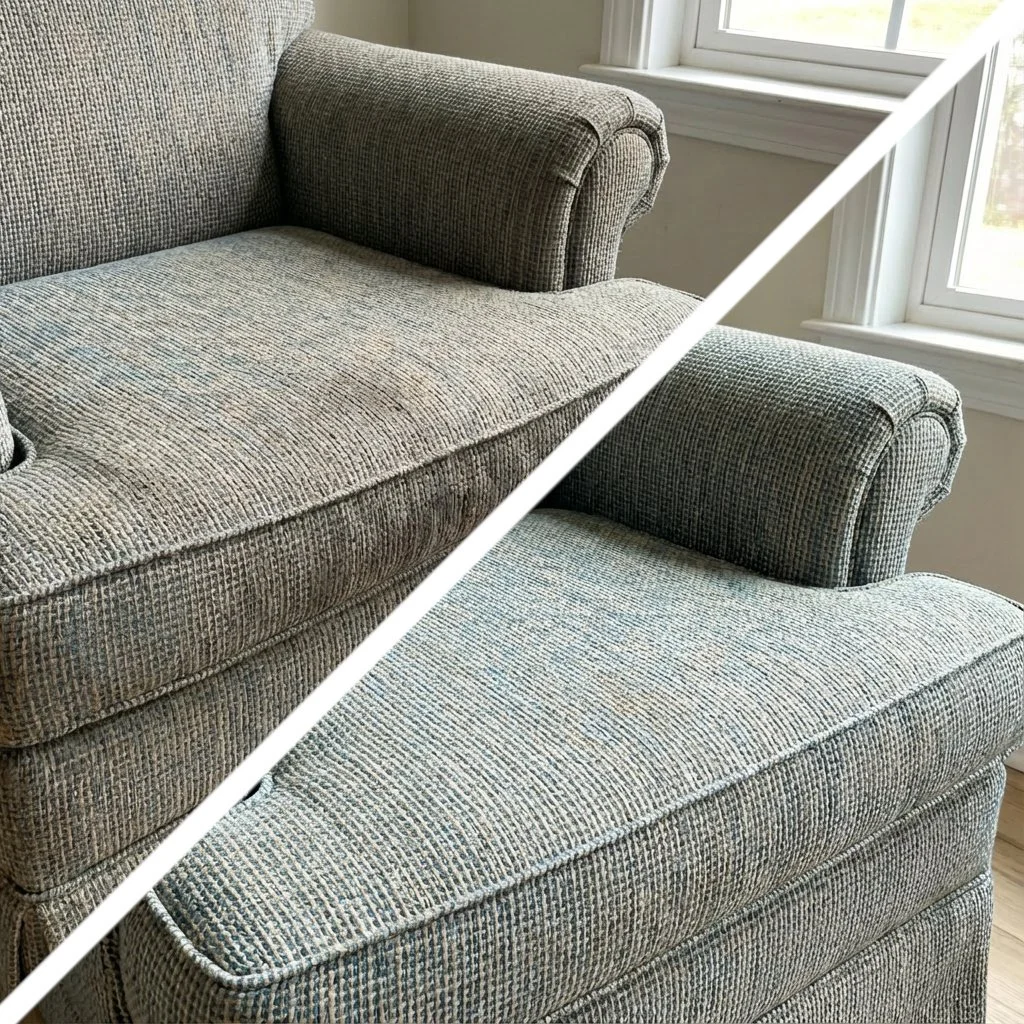 A close-up view of a gray upholstered armchair or sofa with a textured pattern, placed near a window with white frames and a light-colored wall in the background.