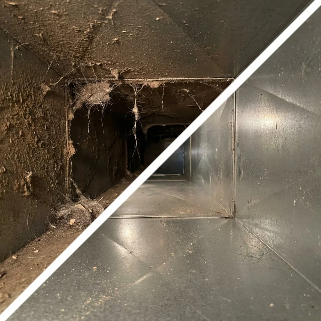 Before-and-after of duct/vent cleaning by Penobscot Cleaning Services at an industrial warehouse Bangor, ME, showing dirt and dust before and a shining clean vent after