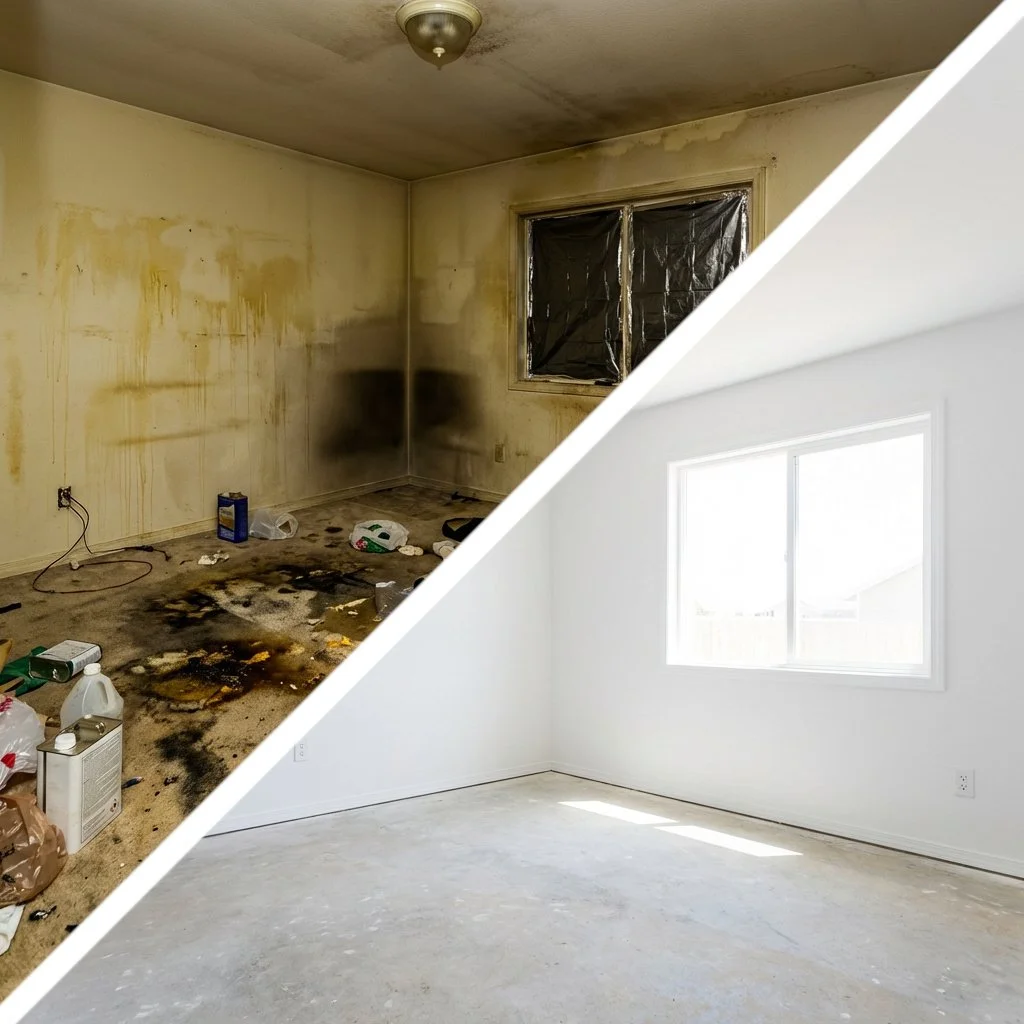 dangerous drug lab with contaminates before safe decontaminated space after