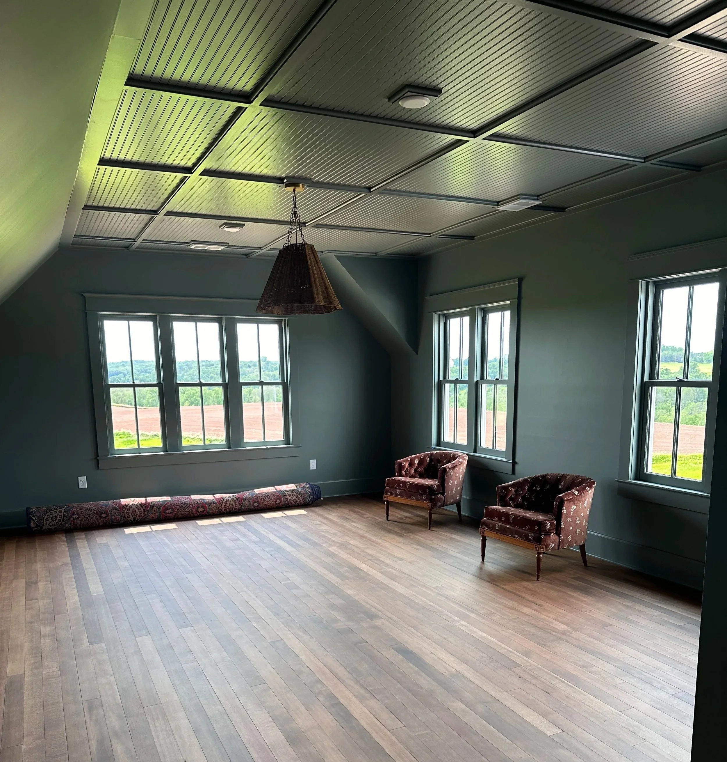 Reclaimed Douglas fir hardwood install; ceiling bead board and batten install