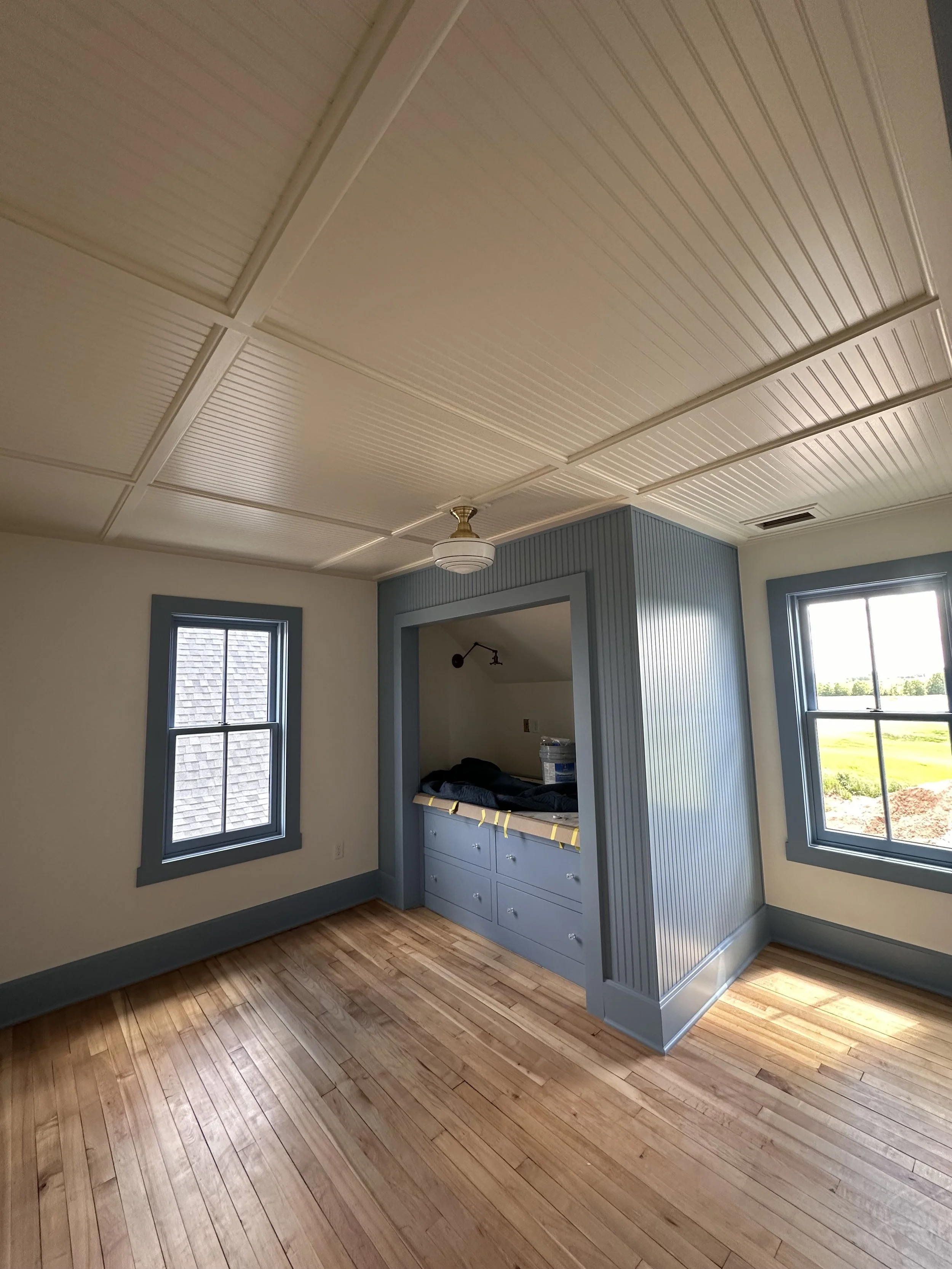 Ceiling bead board and batten, twin bed cubby, and trim