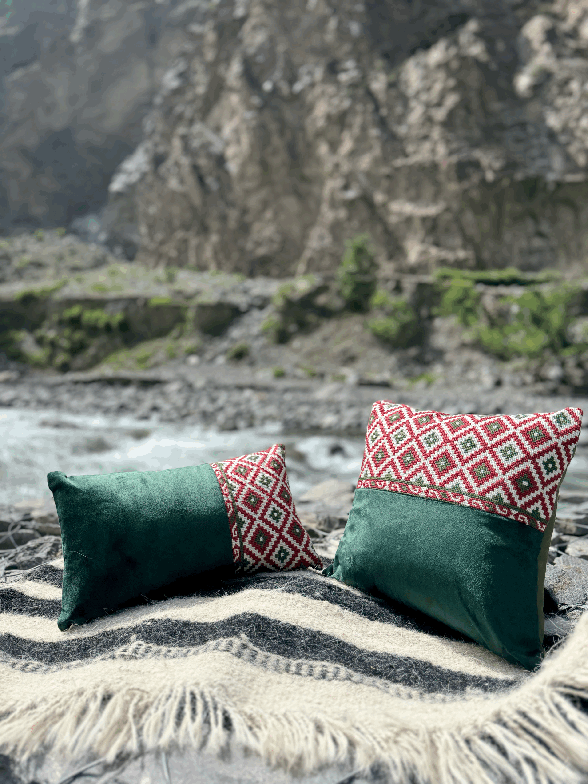 [Limited Edition] Hand-Embroidered Hunza Cushion Set – Emerald Velvet (Set of 2)