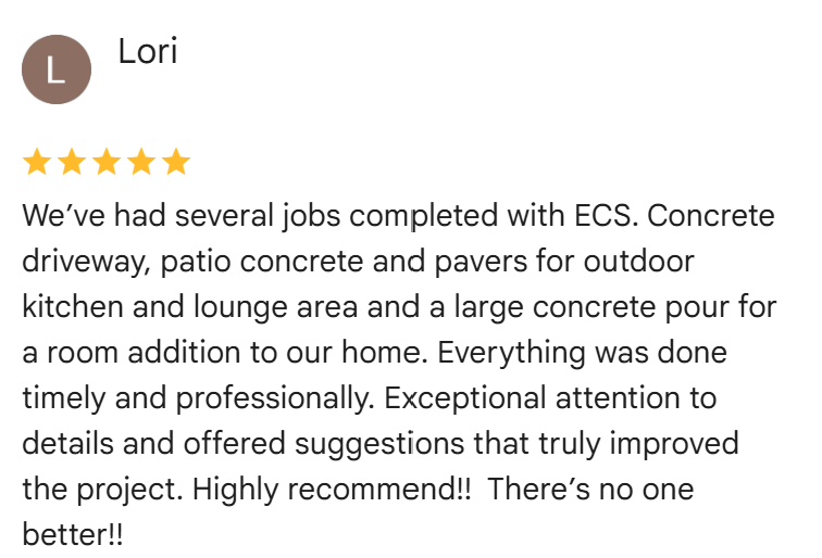 Customer review for a contractor, mentioning completed concrete driveway, patio, pavers, and outdoor kitchen and lounge area.