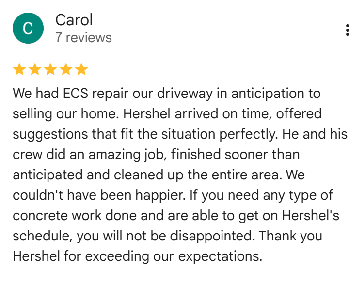Customer review about ECS driveway repair, praising Hershel's timely arrival and excellent job.