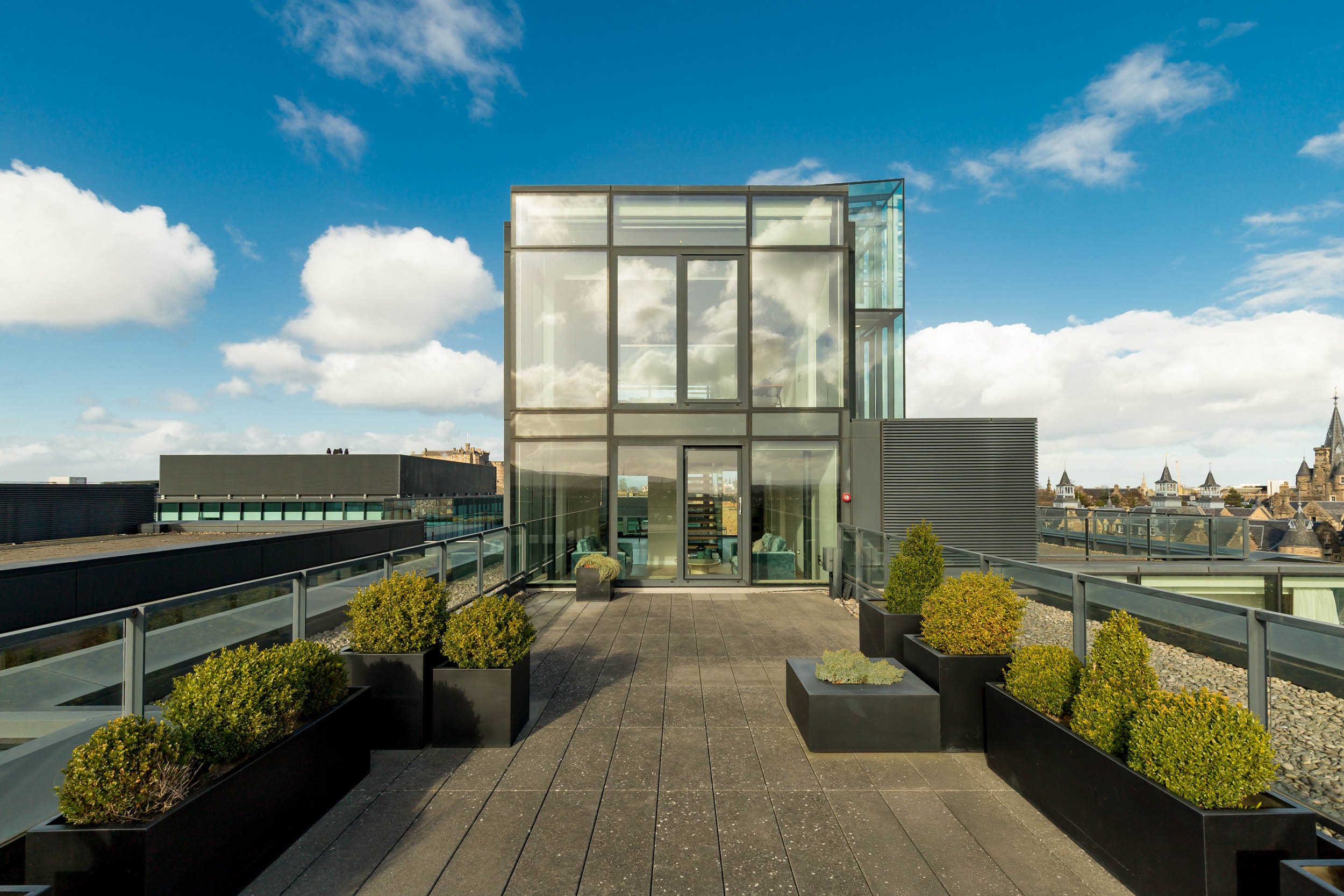 Rooftop terrace with large planters of shrubs, glass railing, and modern glass building with city skyline in the background under blue sky with clouds.