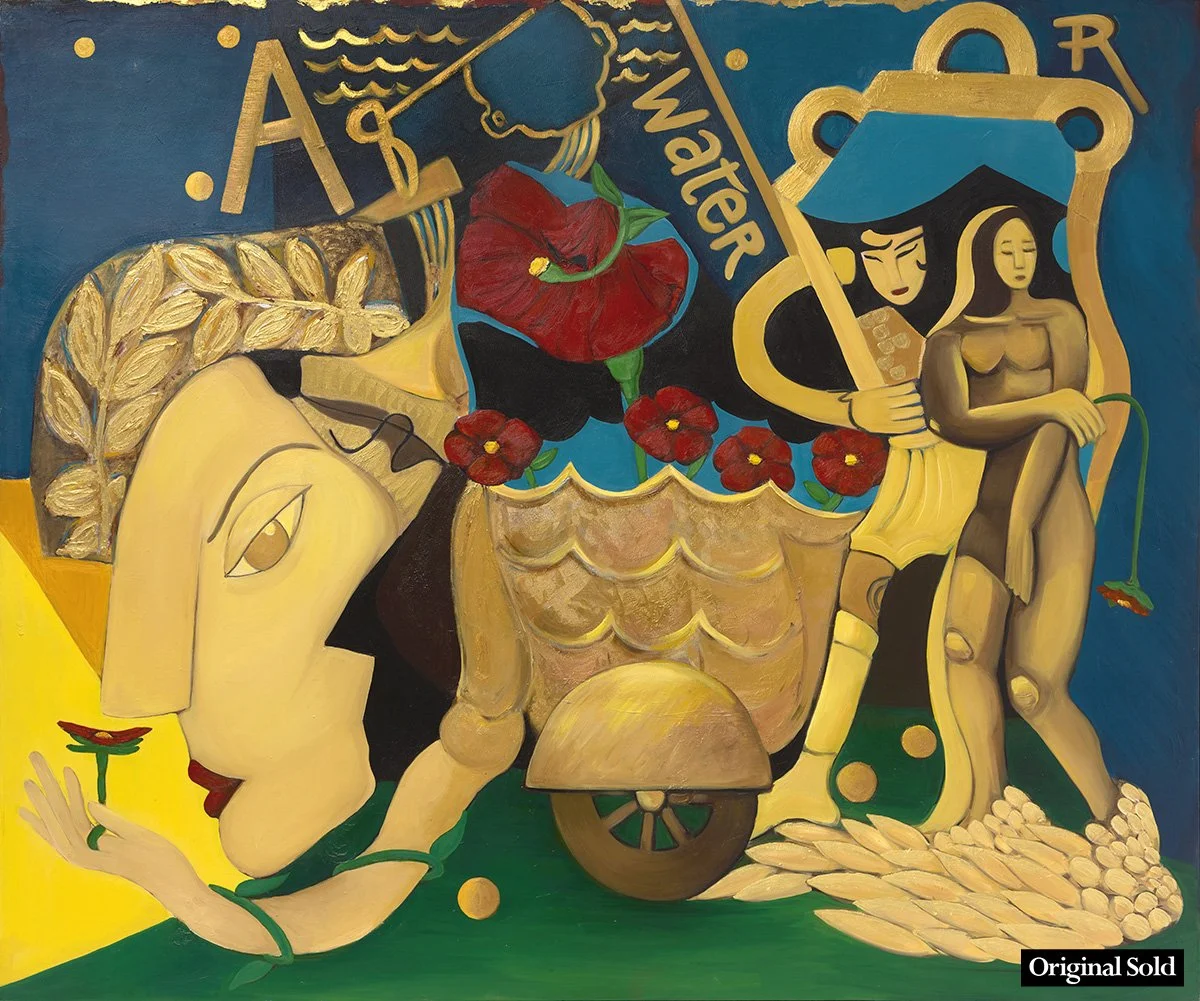 Colorful abstract mural with stylized human figures, flowers, wheat, water, and a wheel, with text that reads 'A Water or Water' and 'Original Sold'.
