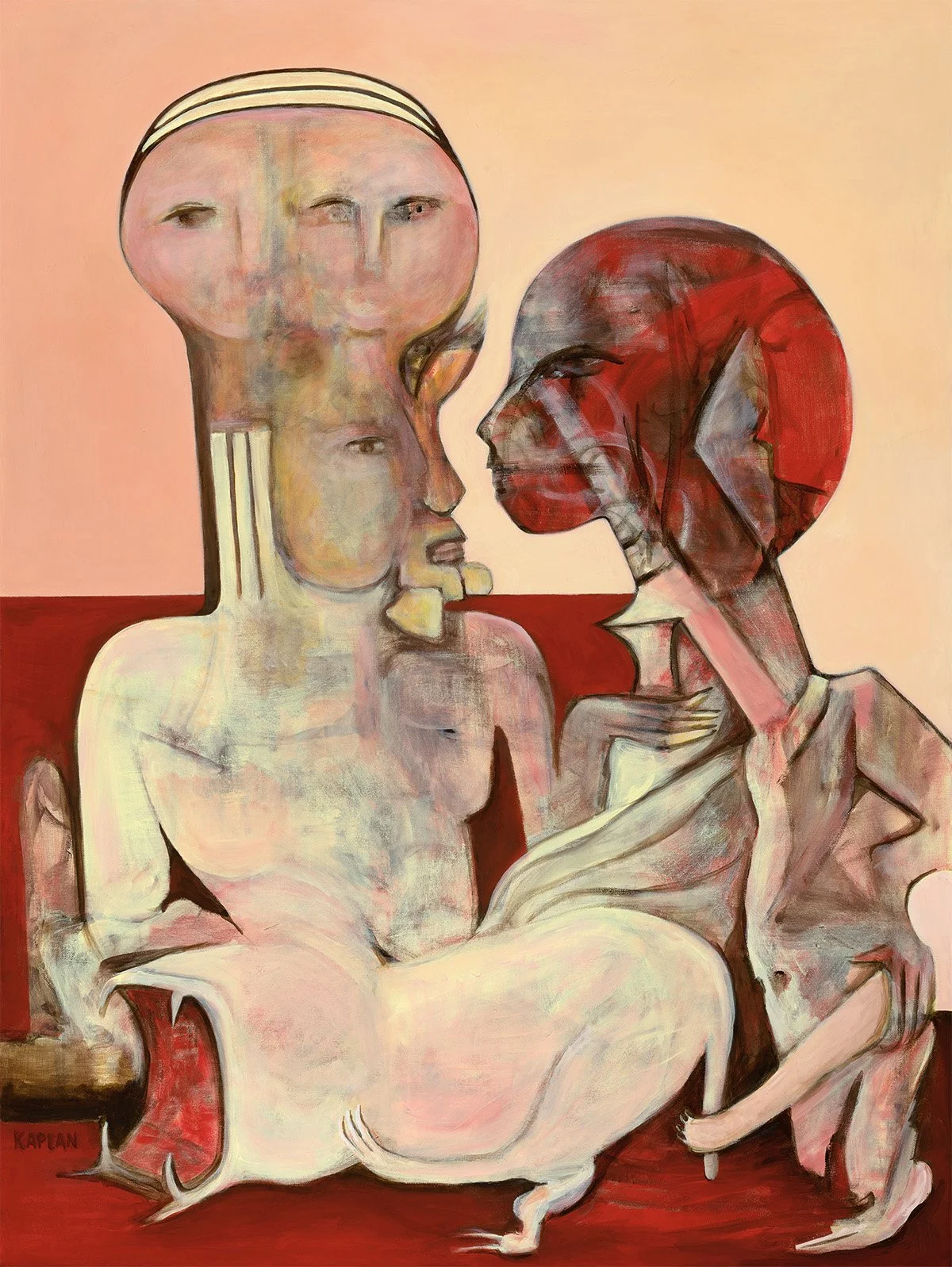 An abstract painting of two figures facing each other with exaggerated features and distorted shapes, using muted and bright colors.