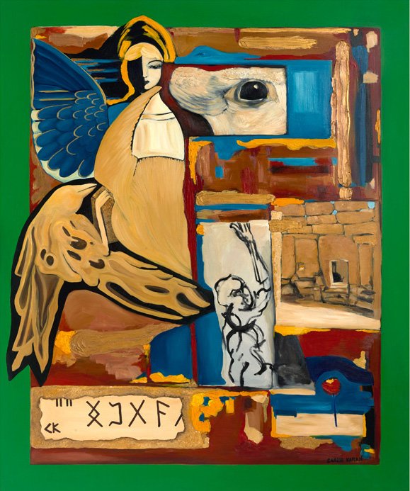 A colorful abstract painting featuring a female figure with a large blue wing, a dog's face, a limestone wall, a sculpture of a human figure, and various geometric shapes and patterns on a green background.