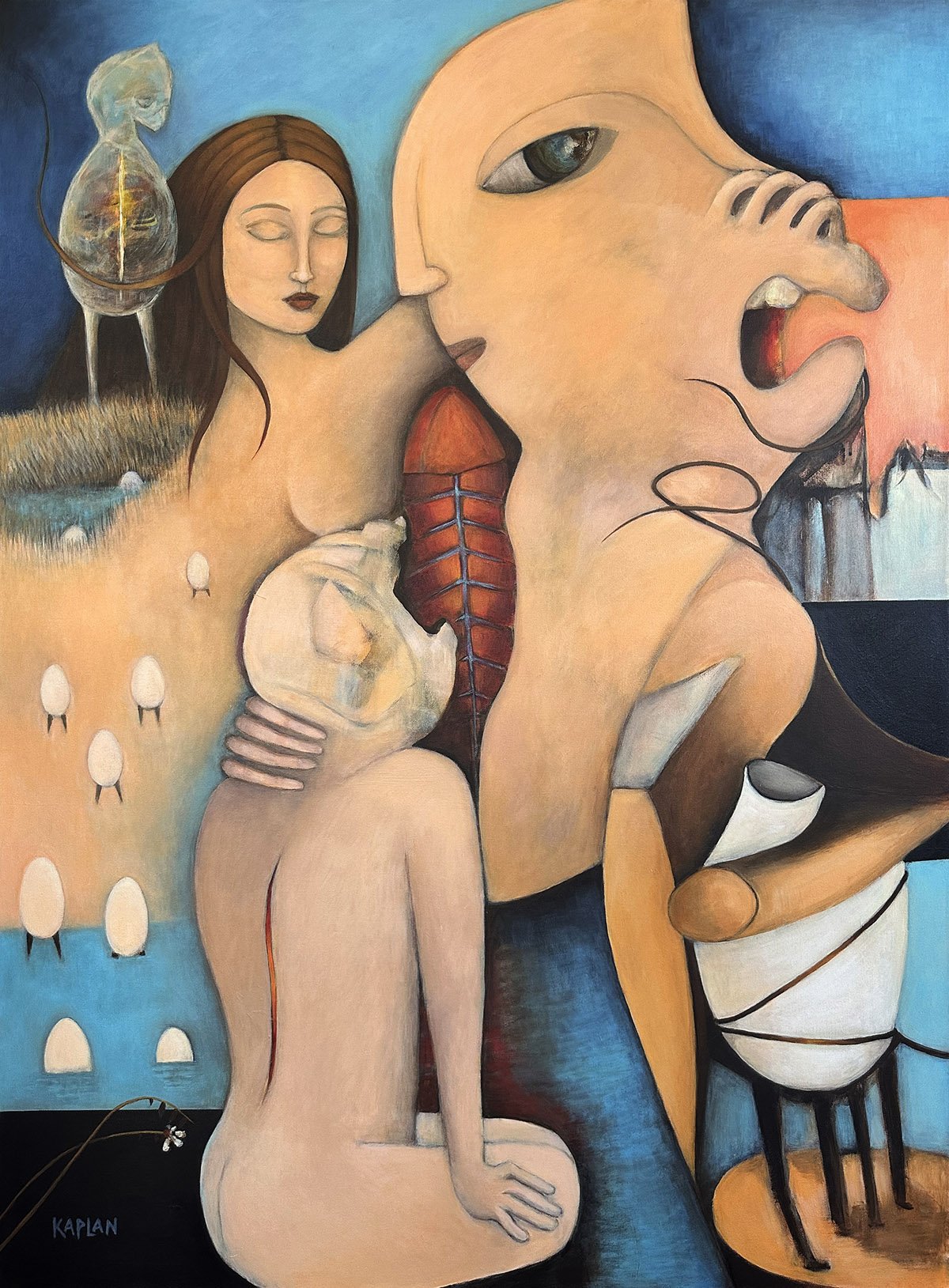 Surreal painting featuring a nude woman with brown hair in the foreground, a large abstract face with a big eye and open mouth, a smaller face, eggs, a glass container with a mouse or rat inside, a hand holding a cup, and abstract shapes and landscap