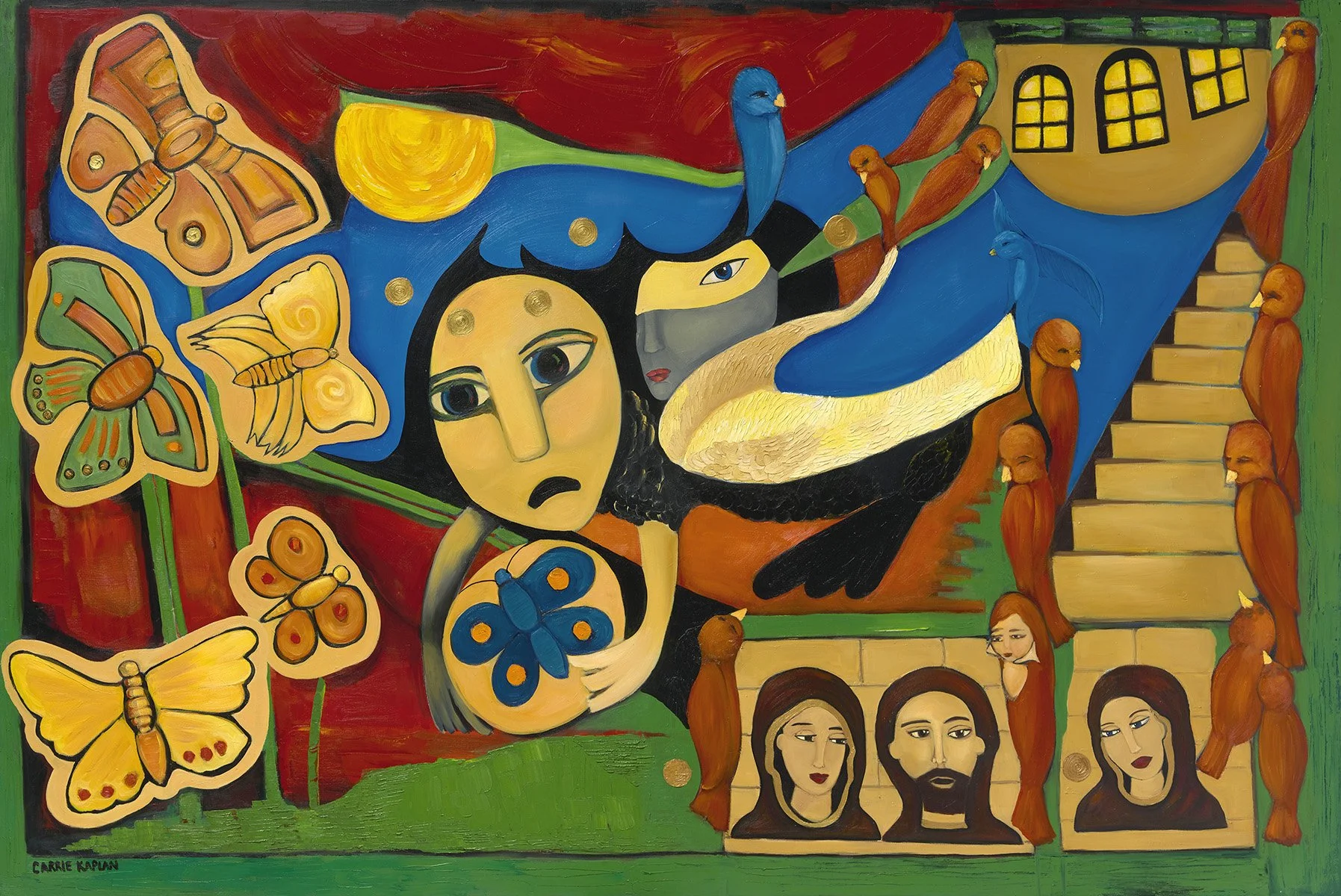 A colorful painting featuring abstract human faces, vibrant butterflies, birds, a staircase, and house windows, with a green background and the artist's signature at the bottom left.