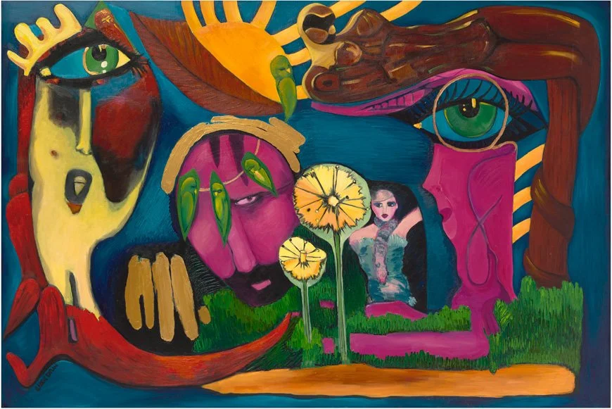 Abstract colorful painting featuring large stylized eyes, a woman with dark hair, various vibrant shapes, and flowers with yellow petals in the center.