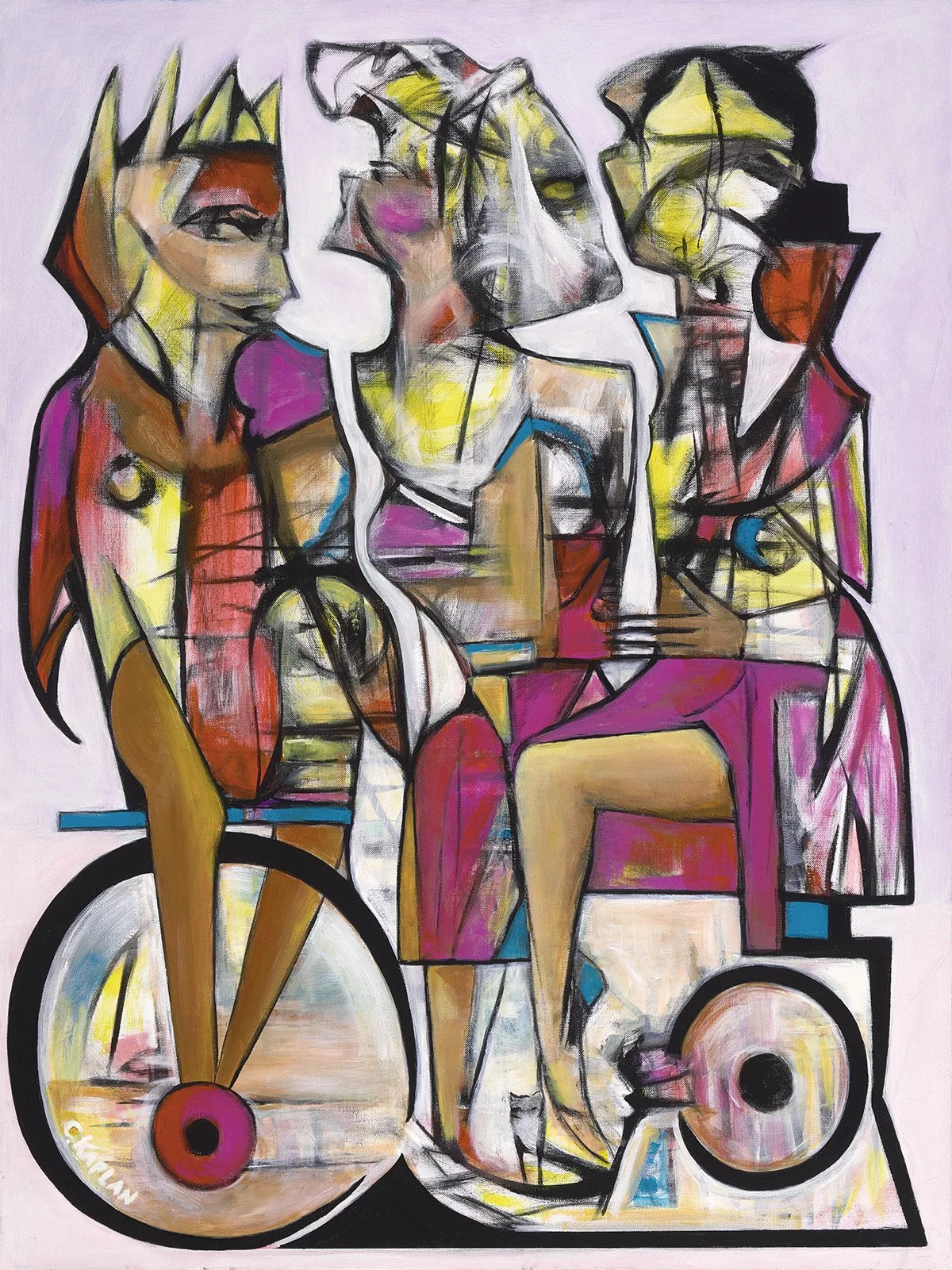 Abstract painting of four stylized women with bold black outlines, using vibrant colors like pink, yellow, orange, and blue, with a light pink background.