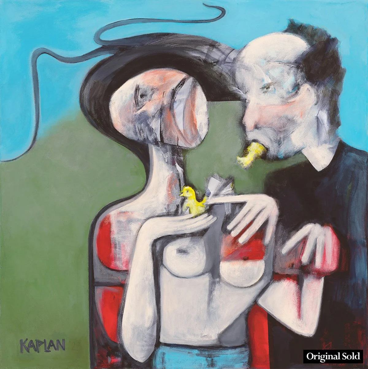 Abstract painting of a woman with long black hair and a shirt with red and black stripes, and a man with glasses and dark hair, both holding yellow rubber duckies. The woman is holding a yellow duck in her hand, and the man is biting a yellow duck. T
