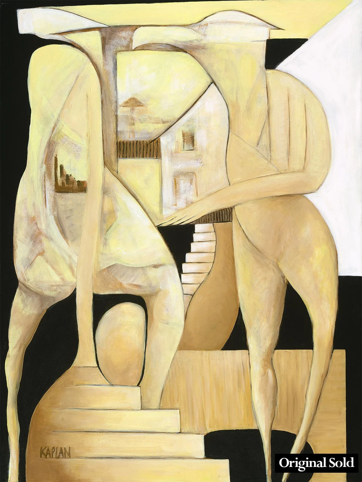 Abstract painting featuring intertwined human figures in warm tones, with staircase and house elements, signed 'KAPLAN' in the lower left corner.
