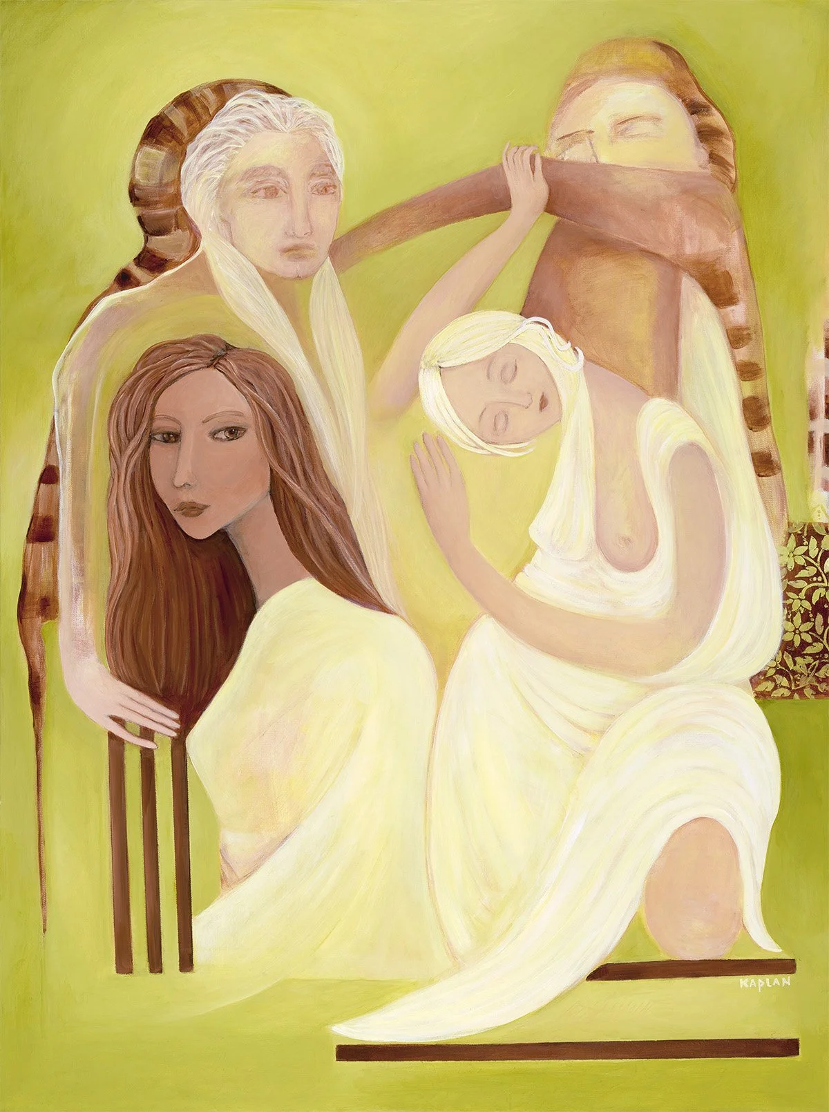 An abstract painting featuring four women with elongated forms and pastel colors, set against a lime green background.