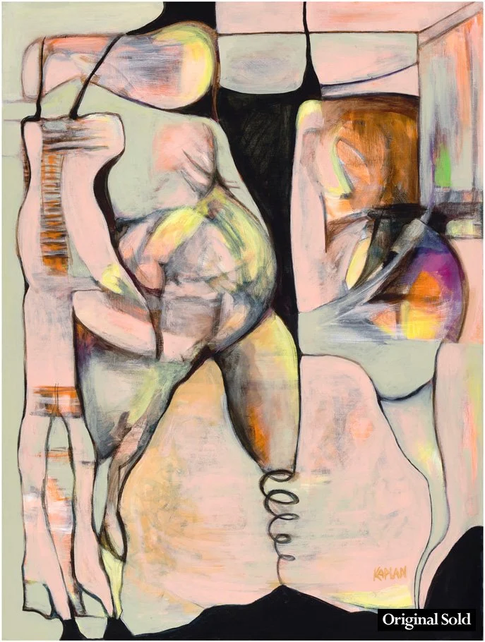 Abstract painting of multiple human figures with distorted and overlapping features in pastel and muted tones.
