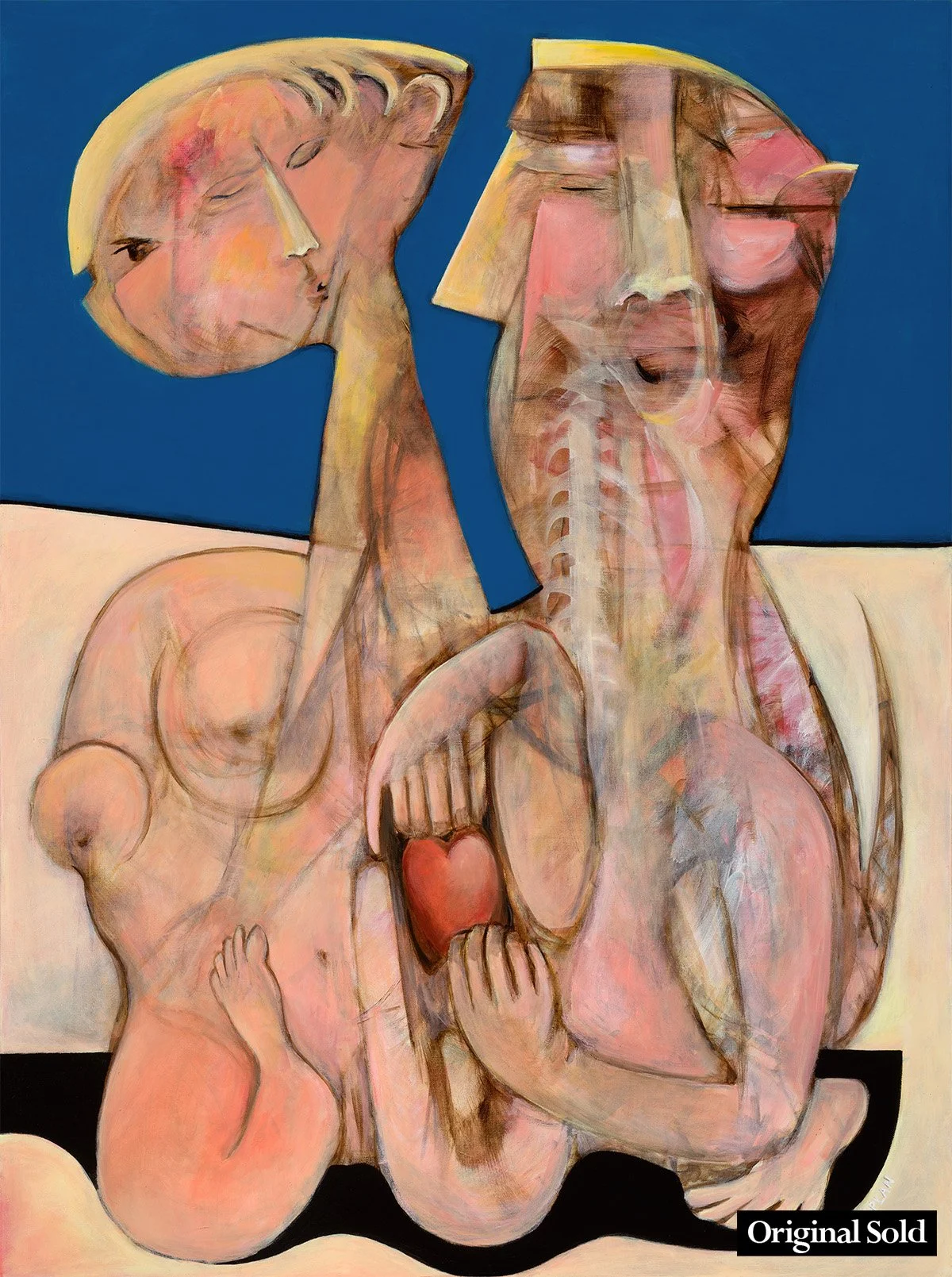 An abstract painting depicting overlapping human faces and bodies, with a prominent heart shape at the center.