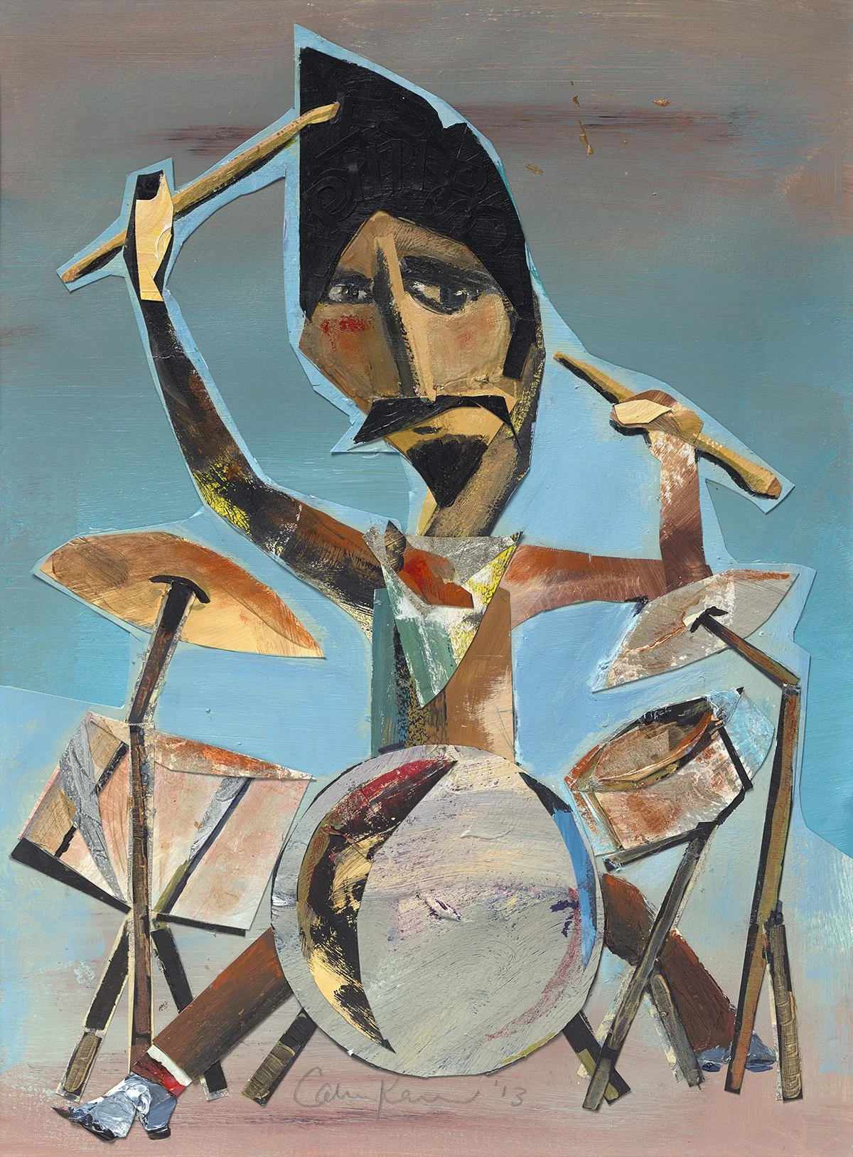 Abstract painting of a drummer with a beard and black hat, holding drumsticks, surrounded by drums and cymbals, painted in an Cubist style with geometric shapes and earthy tones.